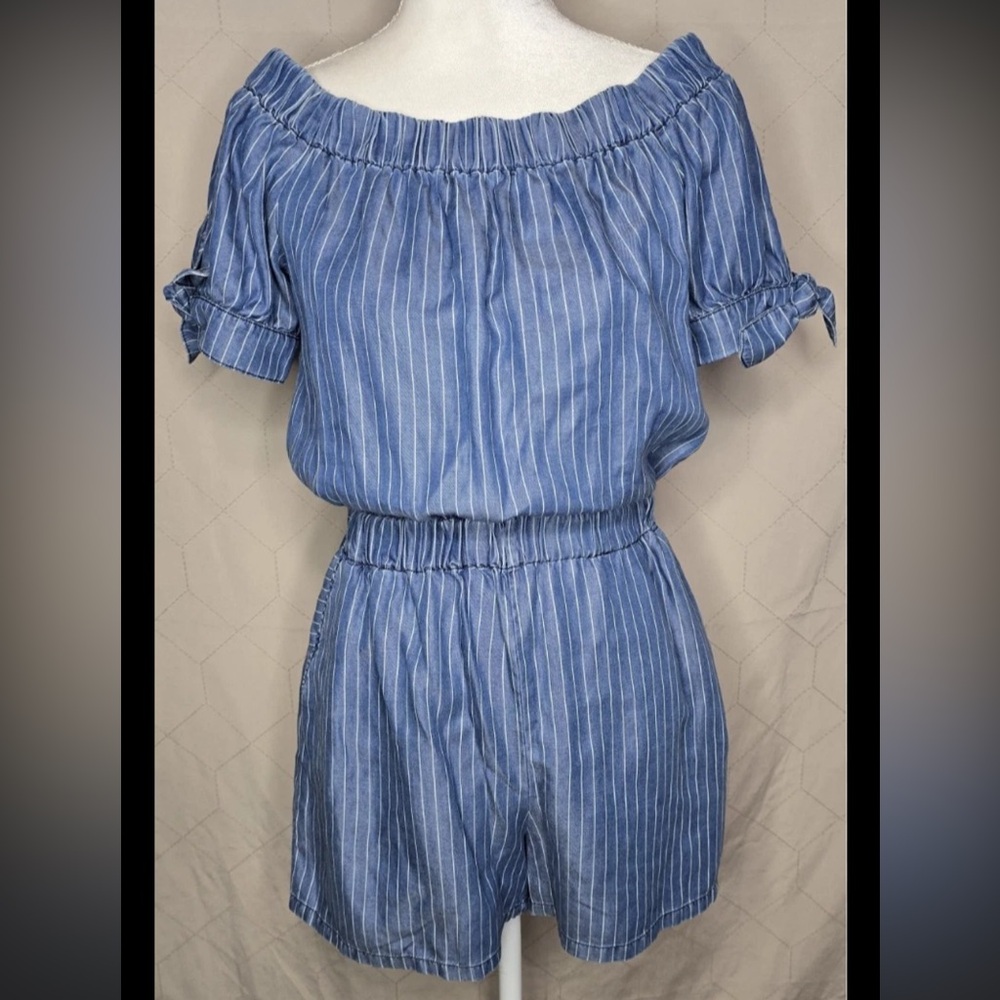 Zara Blue Striped Off-Shoulder Romper